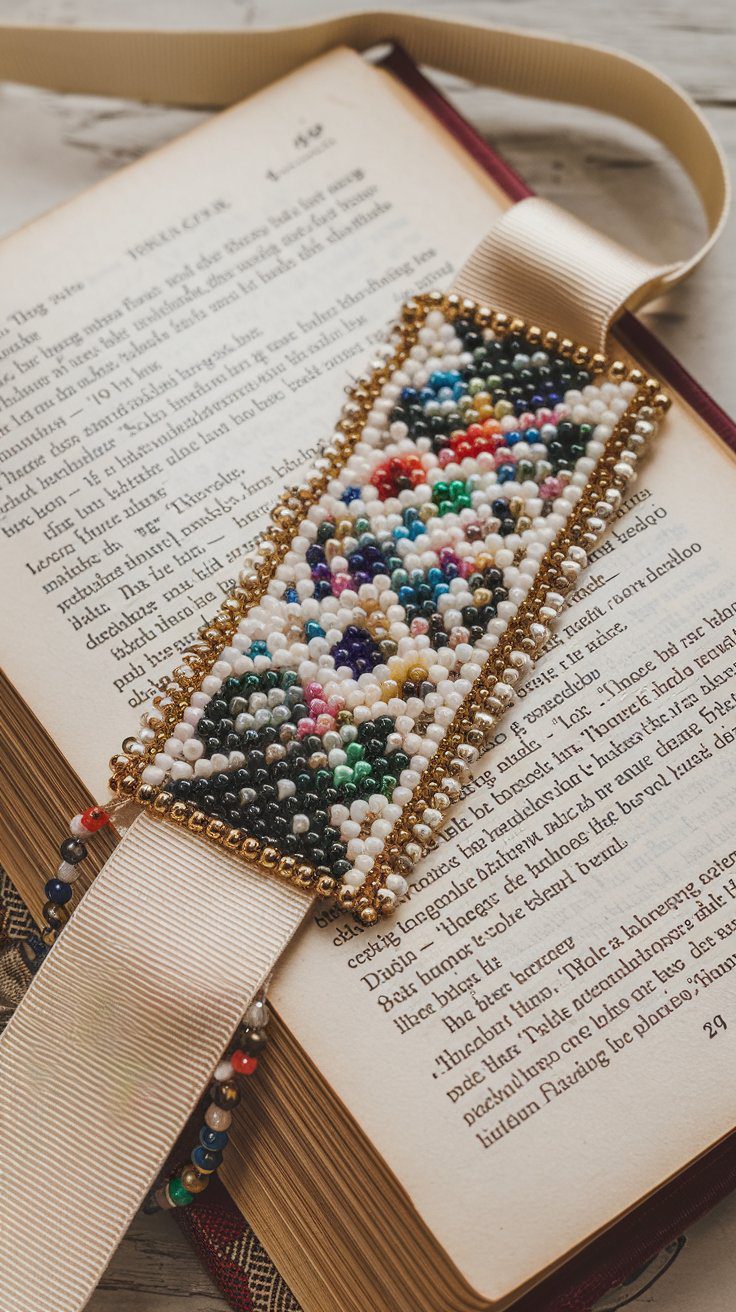 A beaded bookmark with a colorful pattern lies on the open pages of a book. The beads are arranged in an intricate, abstract design. The bookmark is attached to a ribbon, and a closed book is partially visible beneath.