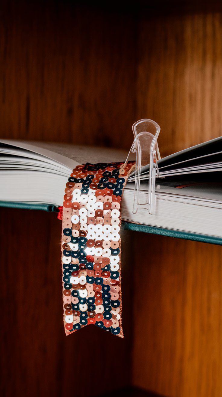 An open book with a colorful sequin bookmark draped across the pages. A clear plastic clip holds the book open. The background is a wooden surface.