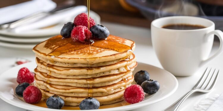 A stack of pancakes topped with raspberries and blueberries, being drizzled with syrup. Its placed on a white plate beside a cup of coffee, with cutlery nearby on a marble surface.