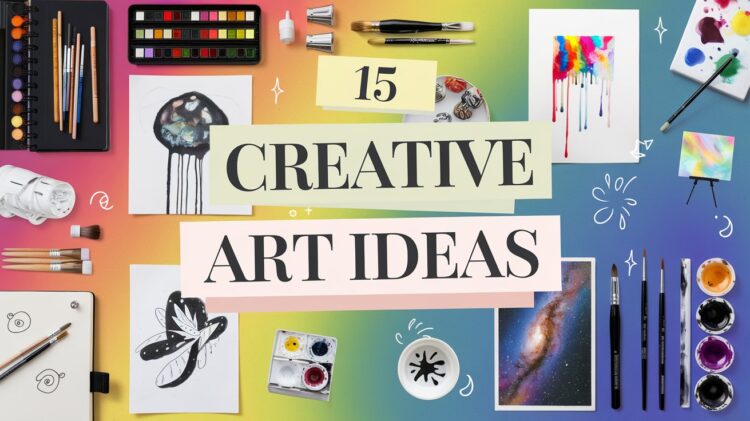 A colorful assortment of art supplies and artworks on a gradient background. Includes paints, brushes, and drawings. Text in the center reads 15 Creative Art Ideas. Scribbles and doodles add a playful touch.