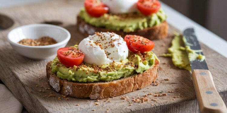 Two slices of toasted bread, topped with creamy smashed avocado, poached eggs, and juicy cherry tomato halves, are sprinkled with a secret ingredient seasoning on a wooden board. A knife slathered in avocado spread and a small bowl of seeds sit nearby in this quick 5-minute recipe.