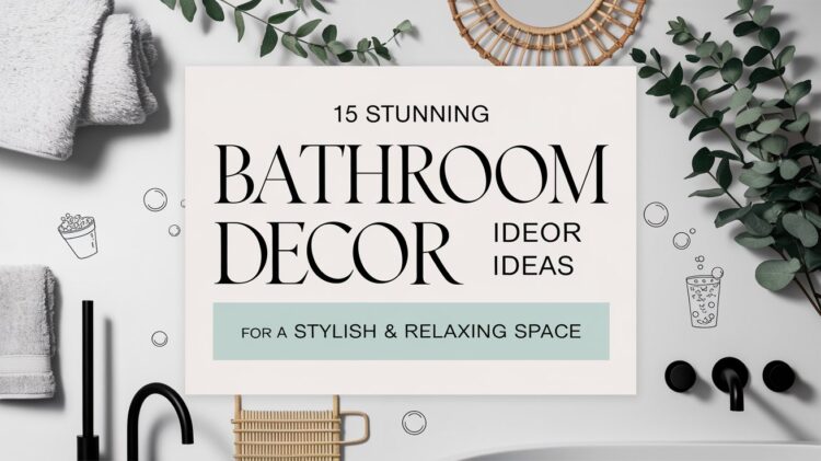Text reading 15 Stunning Bathroom Decor Ideas for a Stylish & Relaxing Space is centered on a light background. Surrounding elements include plants, towels, a faucet, and decorative items. The design is minimalist and soothing.