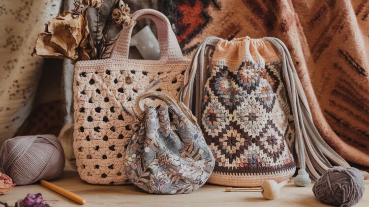 A display of three handcrafted bags in various crochet and woven designs on a wooden surface. Yarn balls, crochet needles, and dried flowers are scattered around, with patterned fabric in the background.