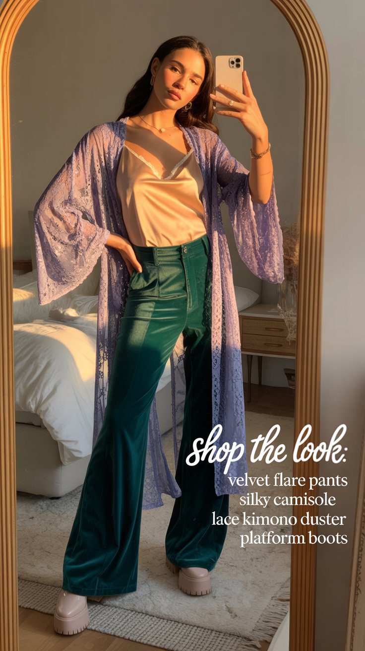 Boho Chic Outfit Inspiration: Green Velvet Flares, Lavender Lace Kimono & Platform Boots for Cozy Bedroom Style Ideas.