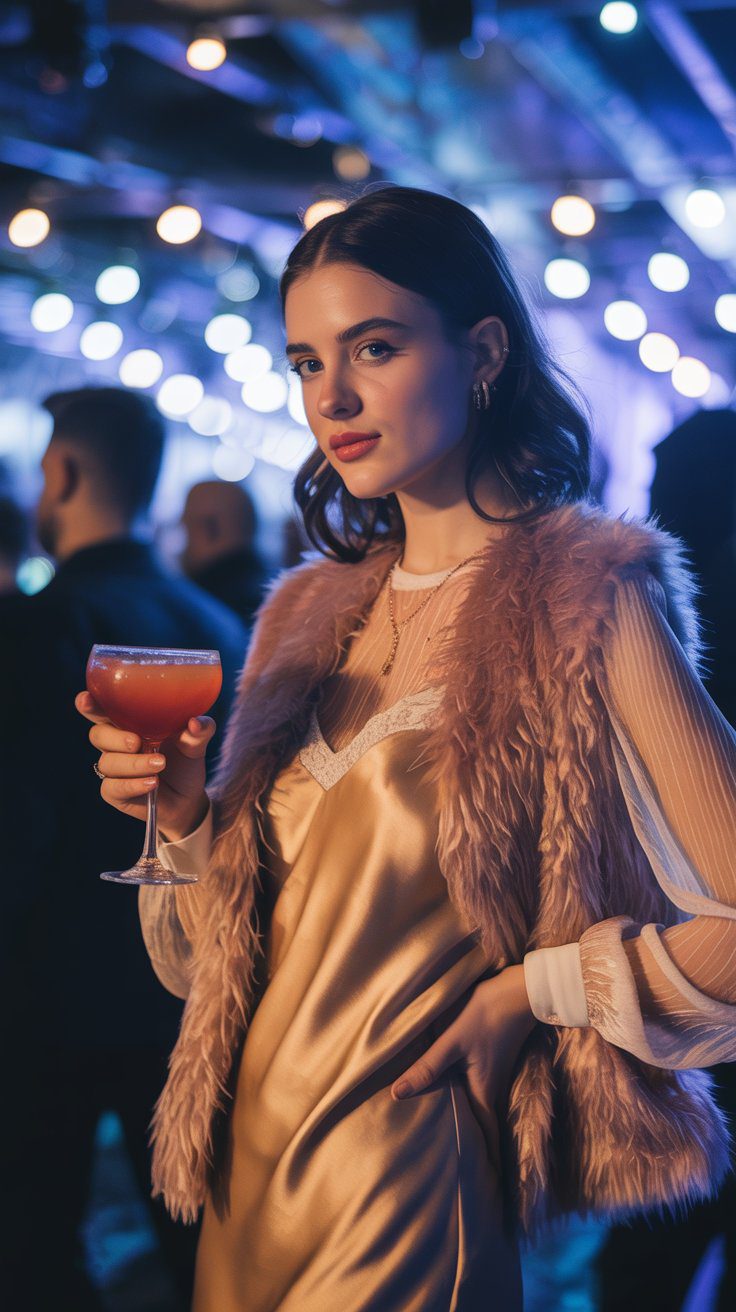 Chic Holiday Party Outfit Inspiration: Satin Dress & Faux Fur Vest Party Look with Cocktail – Glam Winter Event Style Ideas.