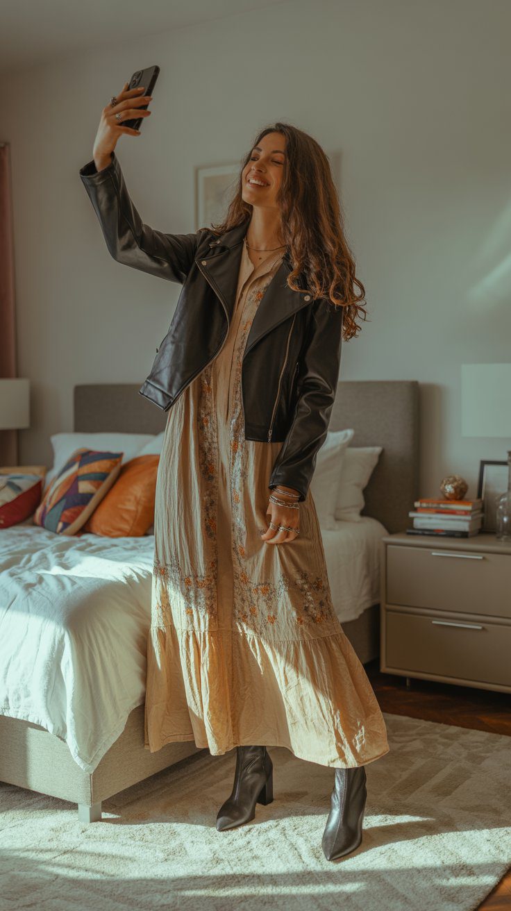 Chic Bedroom Outfit Inspiration: Floral Dress and Leather Jacket Selfie – Fashionable Fall Look for Women in Cozy Bedroom Decor.