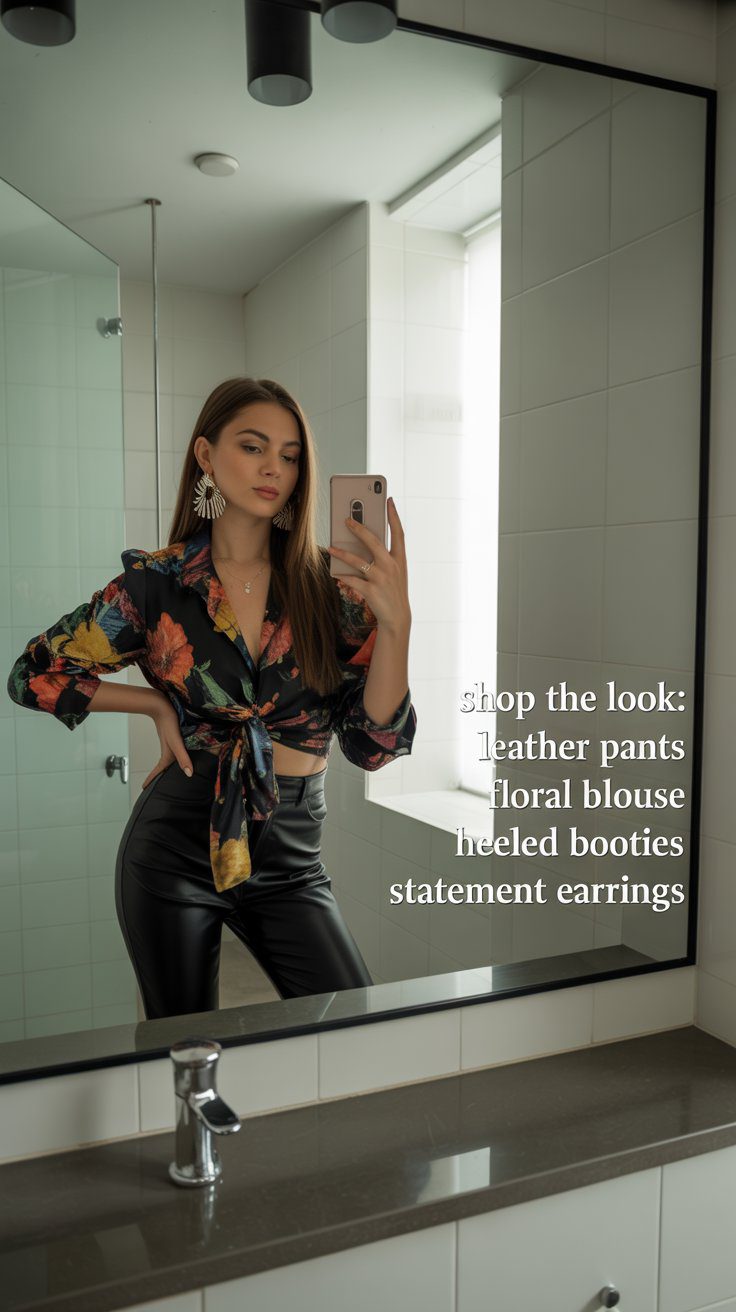 Floral Blouse & Black Leather Pants Outfit Inspiration – Shop the Look: Heeled Booties, Statement Earrings for Trendy Fall Style.