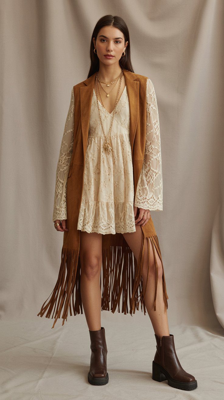 Boho Chic Fall Outfit Idea: Cream Lace Dress with Brown Suede Fringe Vest, Layered Necklaces & Ankle Boots.