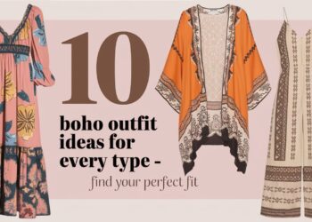 A collage showcasing three bohemian outfits: a floral maxi dress in pink and orange, an orange kimono with white and black patterns, and a beige dress with brown designs. Text reads 10 Boho Outfit Ideas for Every Body Type - Discover Your Perfect Fit.