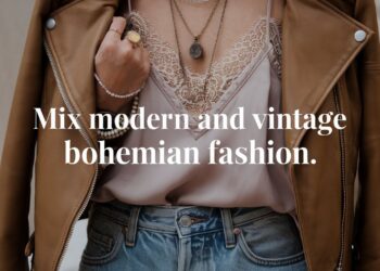 Close-up of a person wearing a brown leather jacket over a lace-trimmed top, layered necklaces, and jeans. The text reads, Mix modern and vintage bohemian fashion.