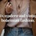 Close-up of a person wearing a brown leather jacket over a lace-trimmed top, layered necklaces, and jeans. The text reads, Mix modern and vintage bohemian fashion.
