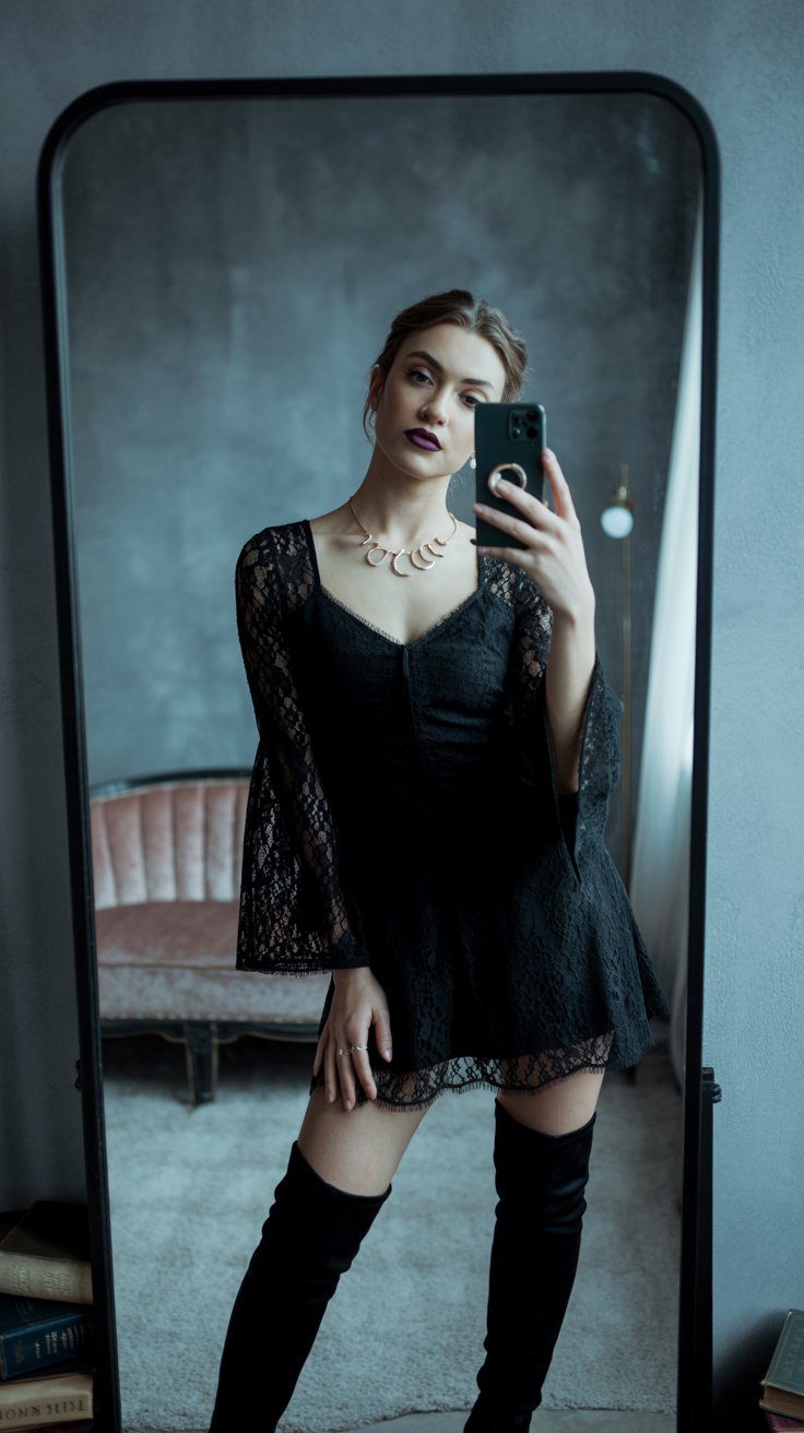 Chic Black Lace Dress Outfit Idea: Thigh-High Boots Mirror Selfie in Modern Pink and Gray Living Room Decor Inspiration.