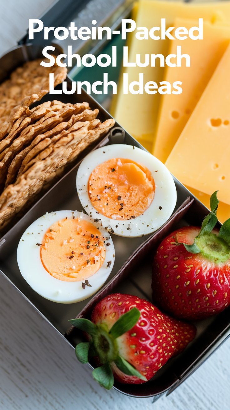 A lunchbox contains cheese slices, whole grain crackers, halved boiled eggs with pepper, and fresh strawberries. The overlay text reads, Protein-Packed School Lunch Ideas.