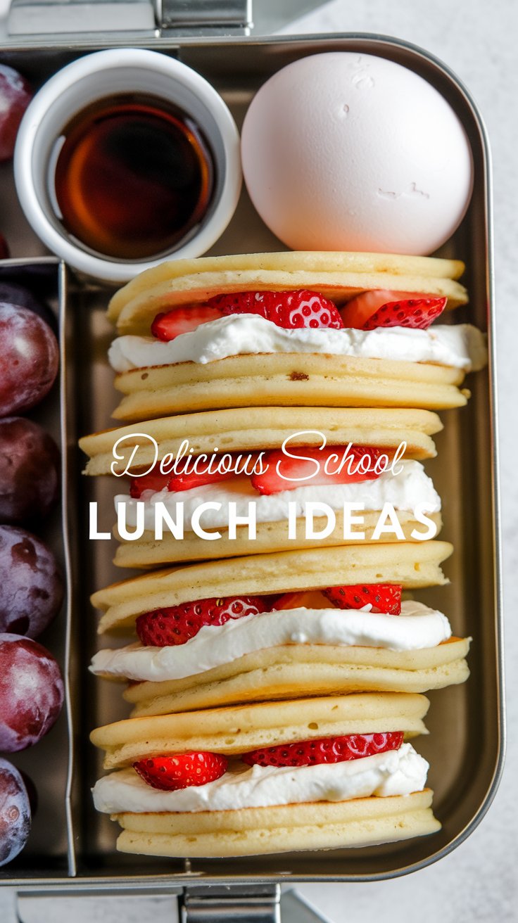 Lunchbox containing mini pancakes filled with whipped cream and strawberries, a small cup of syrup, a boiled egg, and a section of grapes. Text overlay reads Delicious School Lunch Ideas.