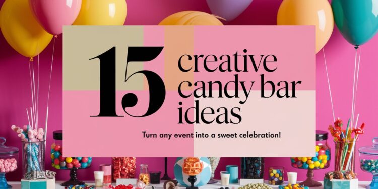 Transform your event into a delightful celebration with 15 creative candy bar ideas. Picture a vibrant treat table adorned with balloons and jars filled to the brim with assorted candies, set against an eye-catching pink backdrop. Let your sweet imagination take center stage!.