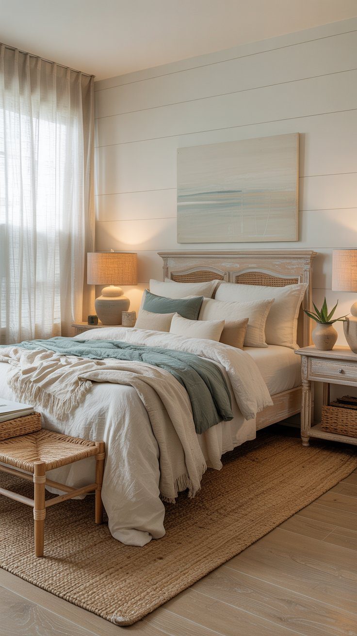 Discover inviting blue bedroom inspiration, complete with coastal walls, relaxing bedding, woven accents, and calming wall art.