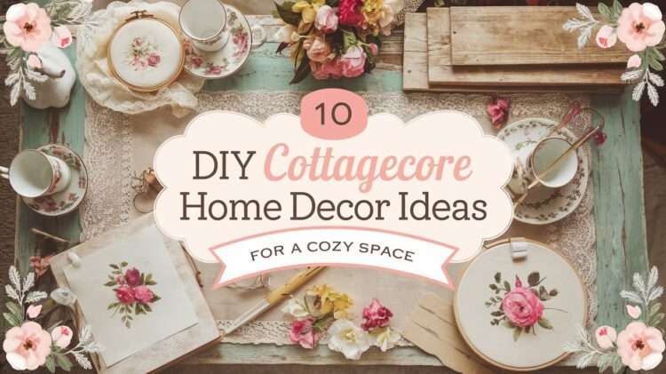 A rustic table with vintage floral tea sets, embroidered hoops, and lace doilies surrounds a sign that reads, 10 DIY Cottagecore Home Decor Ideas for a Cozy Space. Flowers and pastel tones enhance the cozy, nostalgic cottagecore theme.