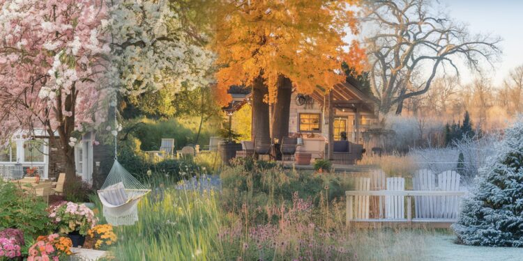 A landscape collage showcasing the four seasons in a cottagecore style: spring flowers and a hammock, summer greenery with a charming house, autumn trees with vibrant foliage, and a winter scene featuring frost-covered trees and white chairs. Perfect for year-round garden inspiration.