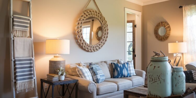 Cozy living room with a beige sofa, assorted pillows, and rustic decor. A ladder with blankets leans against the wall. A round woven mirror hangs above the couch. A table lamp and decorative jars add warmth. Natural light filters through a window.