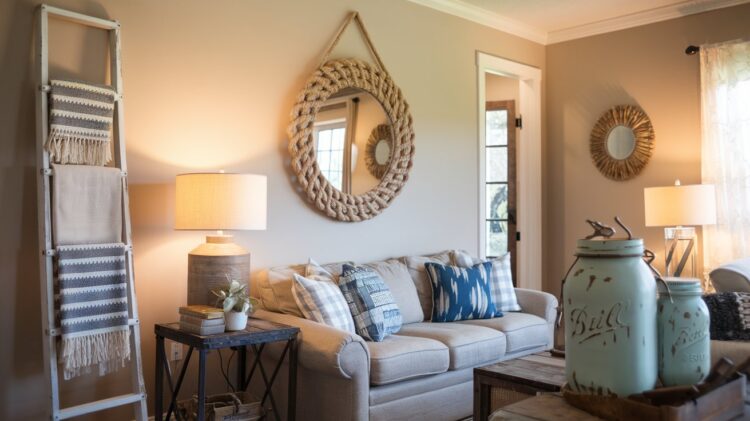 Cozy living room with a beige sofa, assorted pillows, and rustic decor. A ladder with blankets leans against the wall. A round woven mirror hangs above the couch. A table lamp and decorative jars add warmth. Natural light filters through a window.