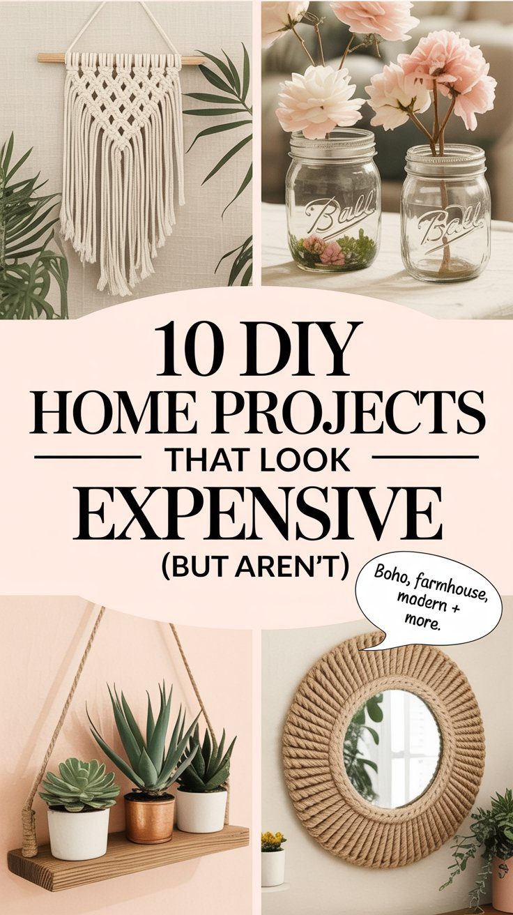 Discover creative and budget-friendly DIY home decor ideas—like macramé wall hangings, floral mason jars, potted plant shelves, and chic rope mirrors—that bring an expensive look to your space without breaking the bank.