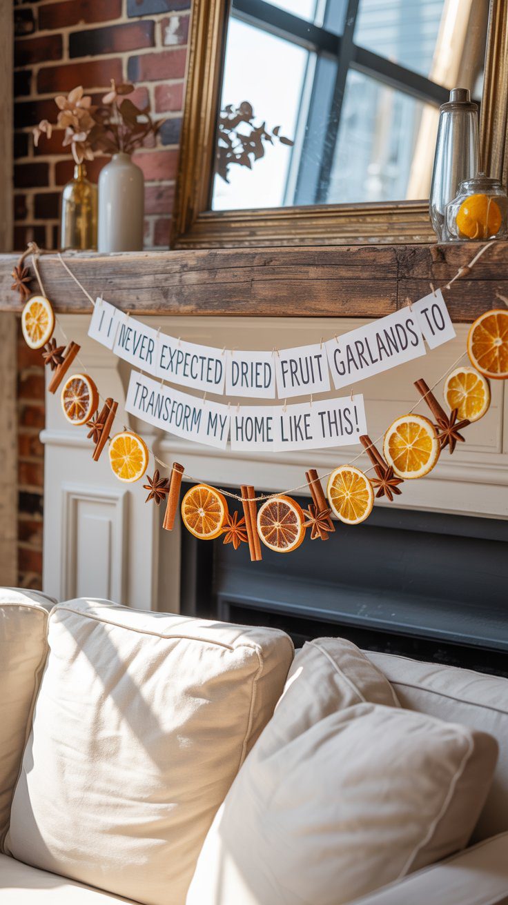 A cozy fireplace mantel adorned with a dried fruit garland—featuring vibrant orange slices, cinnamon sticks, and star anise—creates an unexpectedly charming transformation, highlighting the warm appeal of DIY home decor.