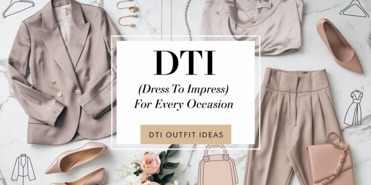 A stylish clothing display featuring a beige blazer, pants, and shoes arranged around a text box that reads, DTI (Dress To Impress) For Every Occasion. There are also handbags and a scarf, suggesting outfit ideas.
