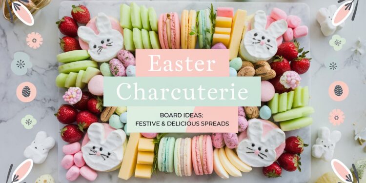 A colorful Easter charcuterie board with macaroons, strawberries, bananas, green melon, and bunny-shaped marshmallows, surrounded by decorative Easter designs and pastel colors. Text reads, Easter Charcuterie Board Ideas: Festive & Delicious Spreads.
