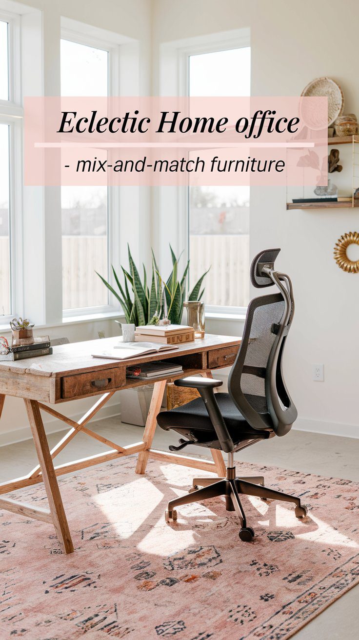 A bright home office with a wooden desk and a modern ergonomic chair on a patterned rug. A tall plant and decorative items adorn the desk. Large windows let in natural light. Text reads Eclectic Home office - mix-and-match furniture.