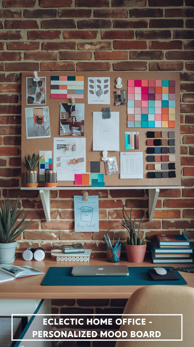 A home office with a brick wall features a mood board displaying colorful paint swatches, photos, and notes. Below the board, a desk holds a plant, stationery, and an open notebook. Text reads, Eclectic Home Office - Personalized Mood Board.