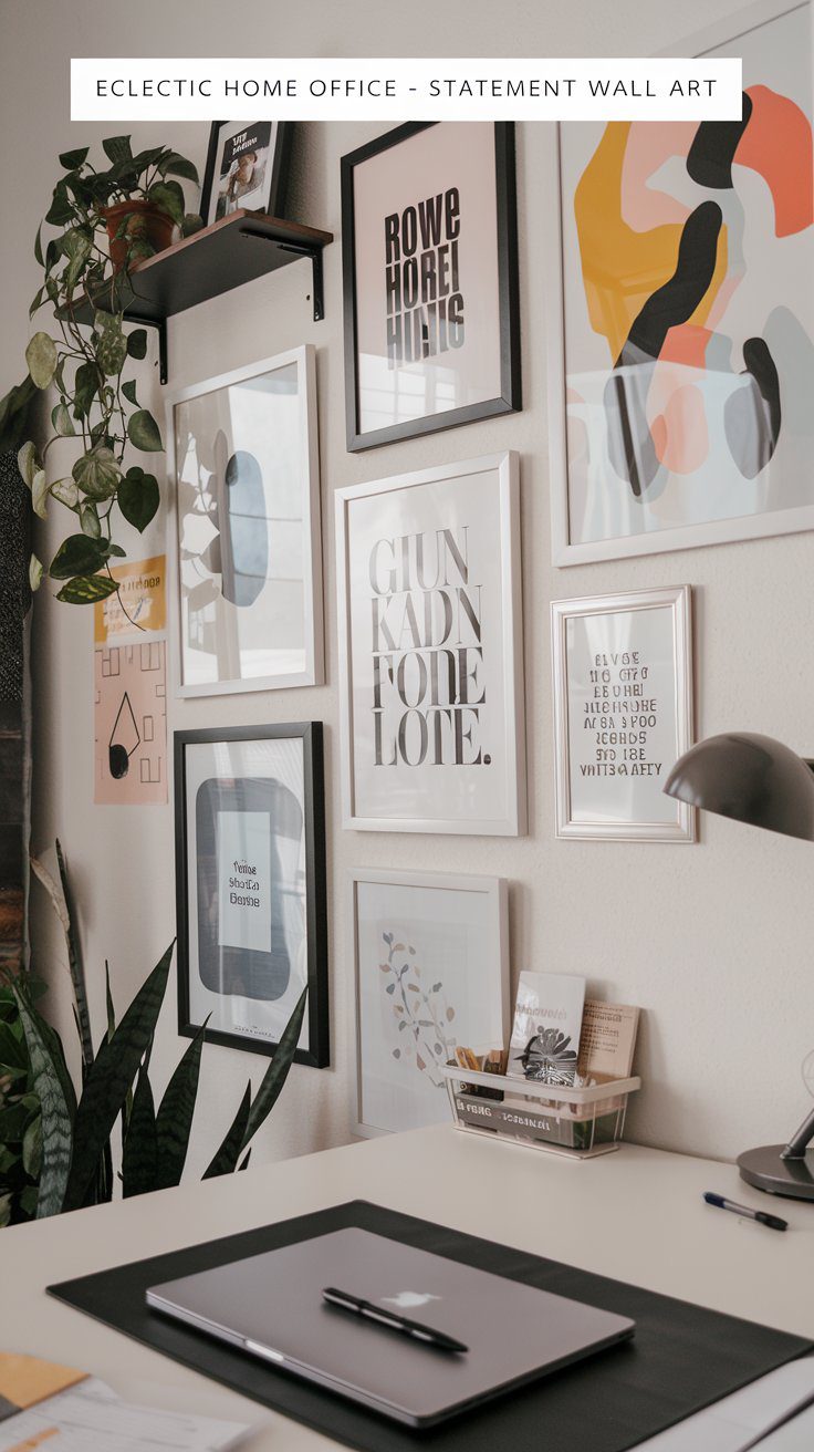 A home office with a white desk, gray laptop, and desk lamp. The wall features a gallery of framed art and typography prints in various sizes. A plant is placed on the floor next to the desk, adding greenery to the space.
