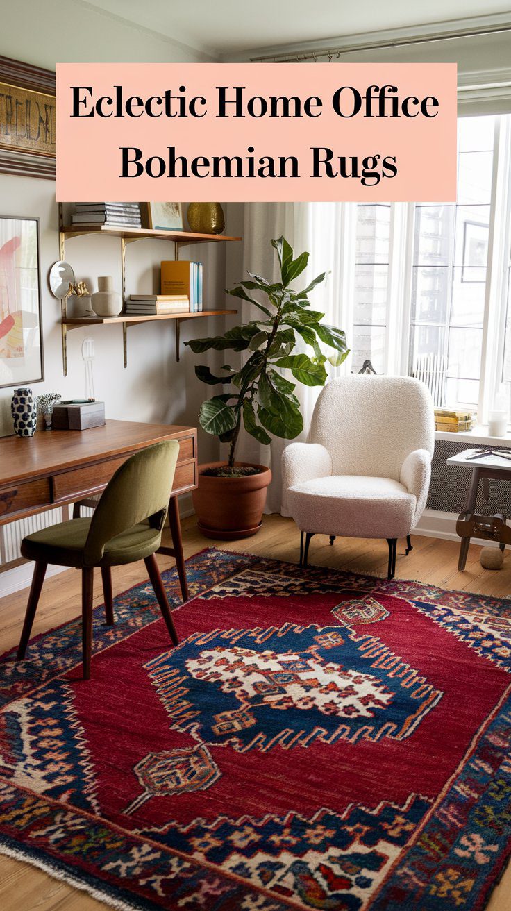 A home office with a wooden desk, green chair, and cream armchair. A large potted plant is near the window. The room features a vibrant red bohemian rug with intricate patterns. Shelves with books and decor adorn the wall. Text reads Eclectic Home Office Bohemian Rugs.