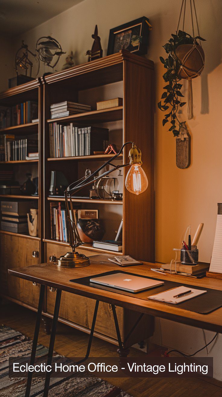 A cozy home office with a wooden desk, a lit vintage bulb lamp, and an open laptop. Shelves filled with books and decor items are in the background. The atmosphere is warm and eclectic.