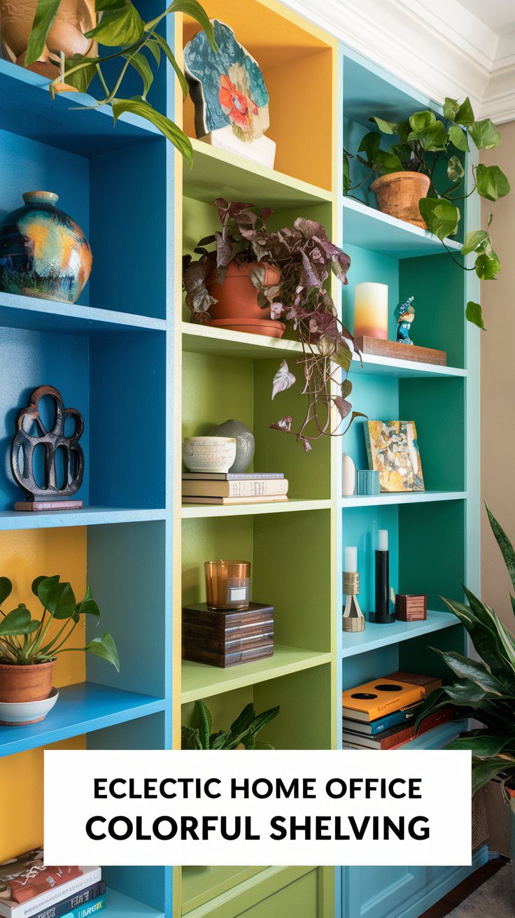Colorful shelving unit with plants, books, and decorative items in a home office. Shelves are painted in vibrant blue, green, and yellow tones. Potted plants cascade from the top shelves. Text at the bottom reads, Eclectic Home Office Colorful Shelving.