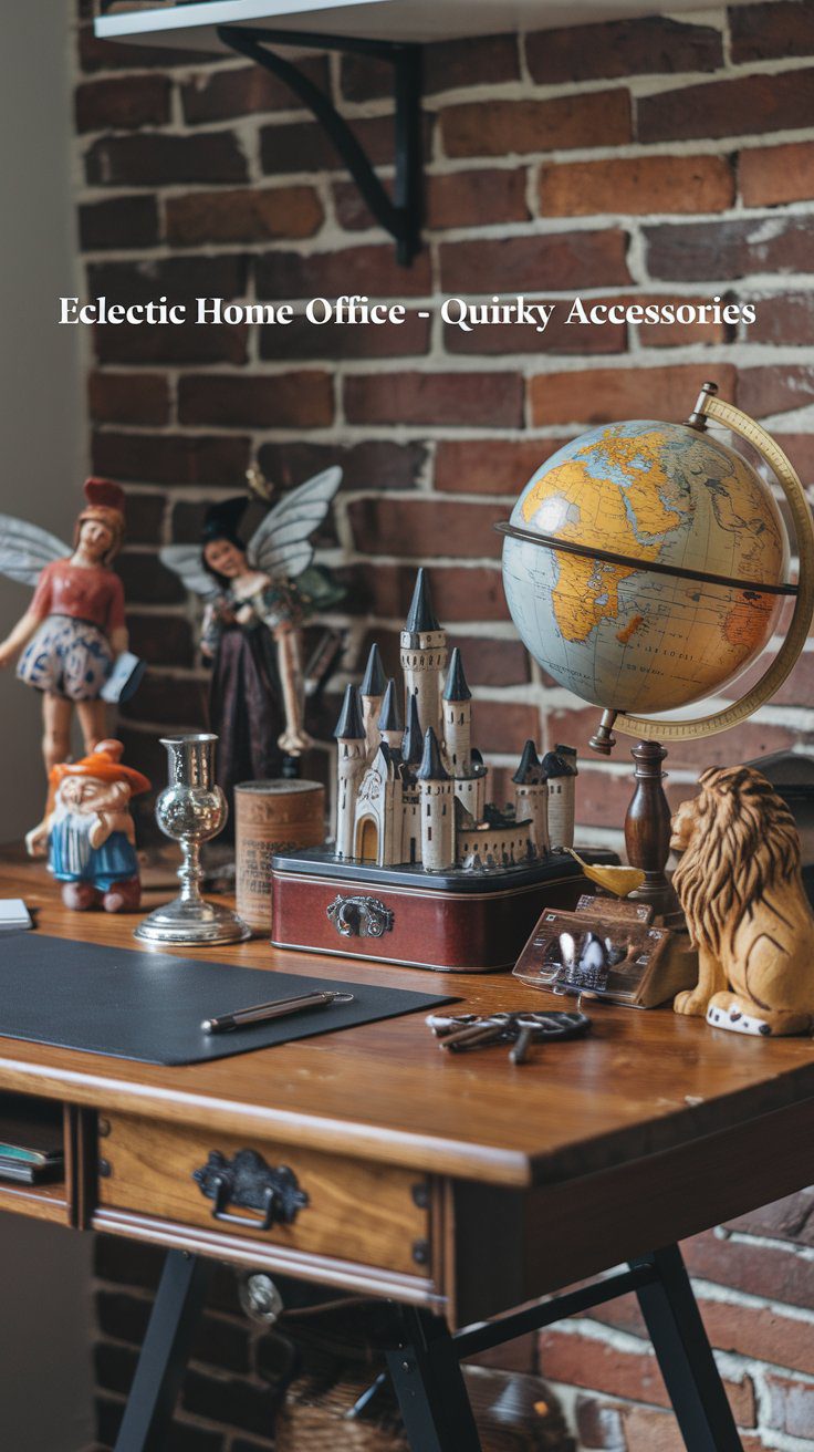 Cozy home office with a wooden desk against a brick wall. The desk features a globe, castle model, figurines, and other quirky decorations. A framed artwork and a few books are visible, creating an eclectic and creative atmosphere.