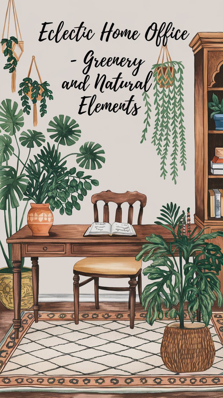 Home office with a wooden desk and chair. Surrounded by various indoor plants, including hanging greenery and potted foliage. An open book and pot on the desk. Text reads Eclectic Home Office - Greenery and Natural Elements. Rug on the floor.