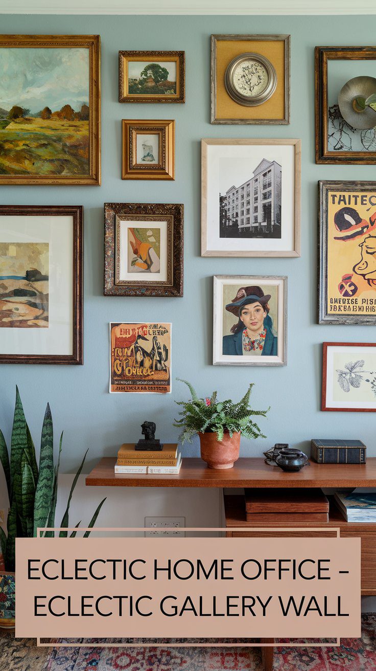 A home office with a gallery wall featuring an eclectic mix of framed artwork and photographs. A wooden desk below holds potted plants and books. A sign reads Eclectic Home Office - Eclectic Gallery Wall.