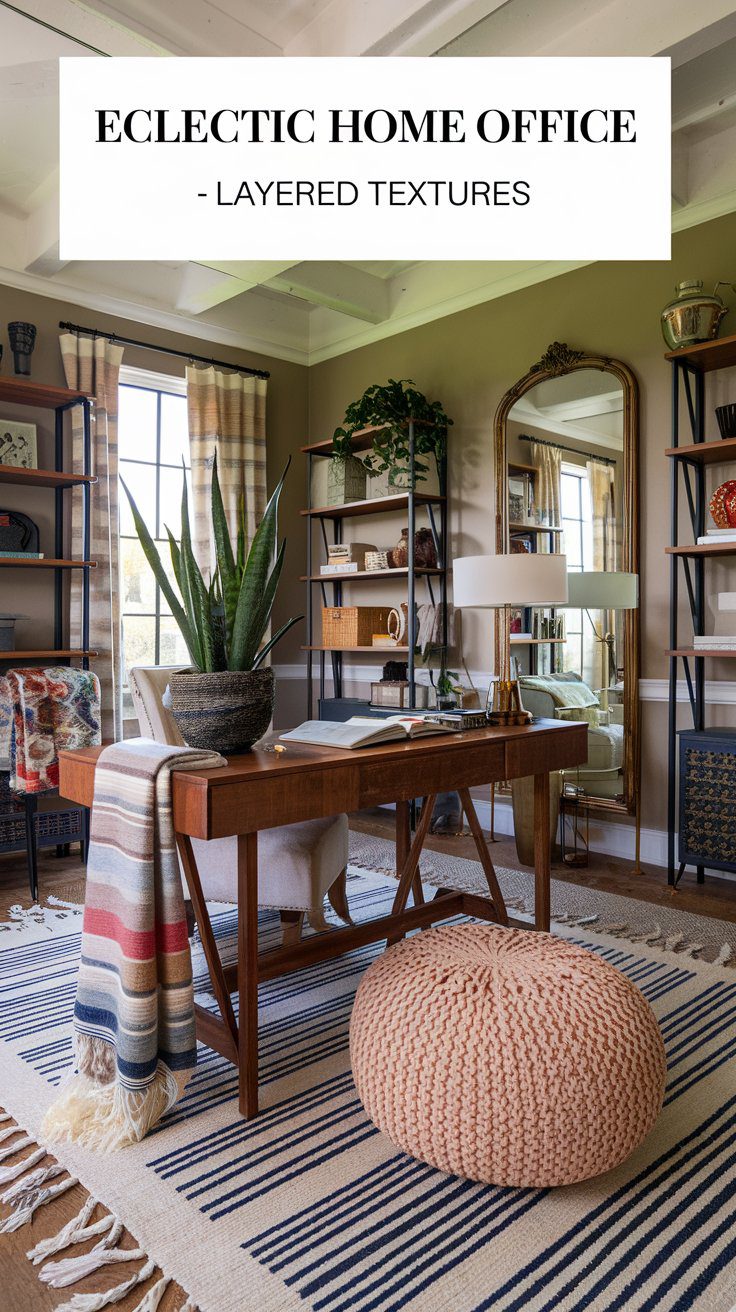 A cozy home office with a wooden desk, striped blanket, large plant, and round knitted pouf. Shelves hold decorative items. A mirror reflects the room, and a window with plaid curtains lets in natural light. The rug has striped patterns.