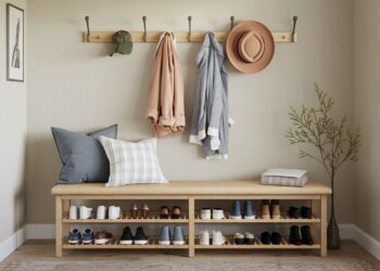 A tidy entryway showcases one of the best entryway benches, offering ample shoe storage below. Above, a wall-mounted coat rack neatly displays jackets, a hat, and a cap. A cushion and a plant in the corner complete this cozy entryway storage solution.