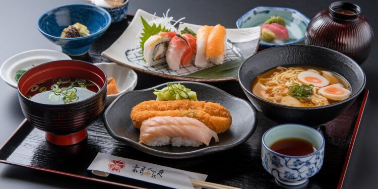 A Japanese meal set featuring sushi, noodle soup, pickled vegetables, miso soup, and tea on a black tray. The sushi includes nigiri and rolls, and a piece of fried tempura is placed over rice. The dishes are served in ceramic bowls and plates.