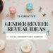 Party decorations and sweets are scattered around a central text that reads 15 Creative Gender Reveal Ideas for an Unforgettable Surprise. Items include balloons, cupcakes, confetti, and small party hats on a beige background.