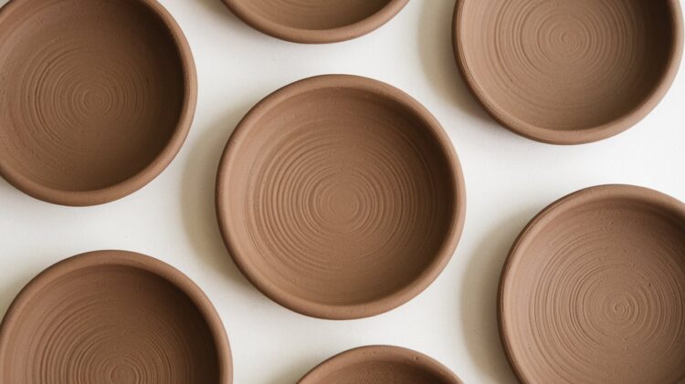 Several round, unpainted clay plates crafted from air-dry clay are arranged on a white surface. They have a smooth, professional finish with concentric circular patterns. The plates are positioned at various angles, creating a symmetrical and balanced composition.