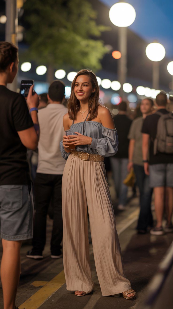 Stylish Night Out Outfit Inspiration: Off-Shoulder Blue Blouse & Beige Pants Street Style Photography in City Lights.