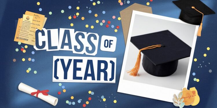 A festive graduation-themed image featuring a fun graduation party setup with a photo of a cap, colorful confetti, and creative decorations. A diploma and wax-sealed letter add elegance. Text reads Class of [Year].