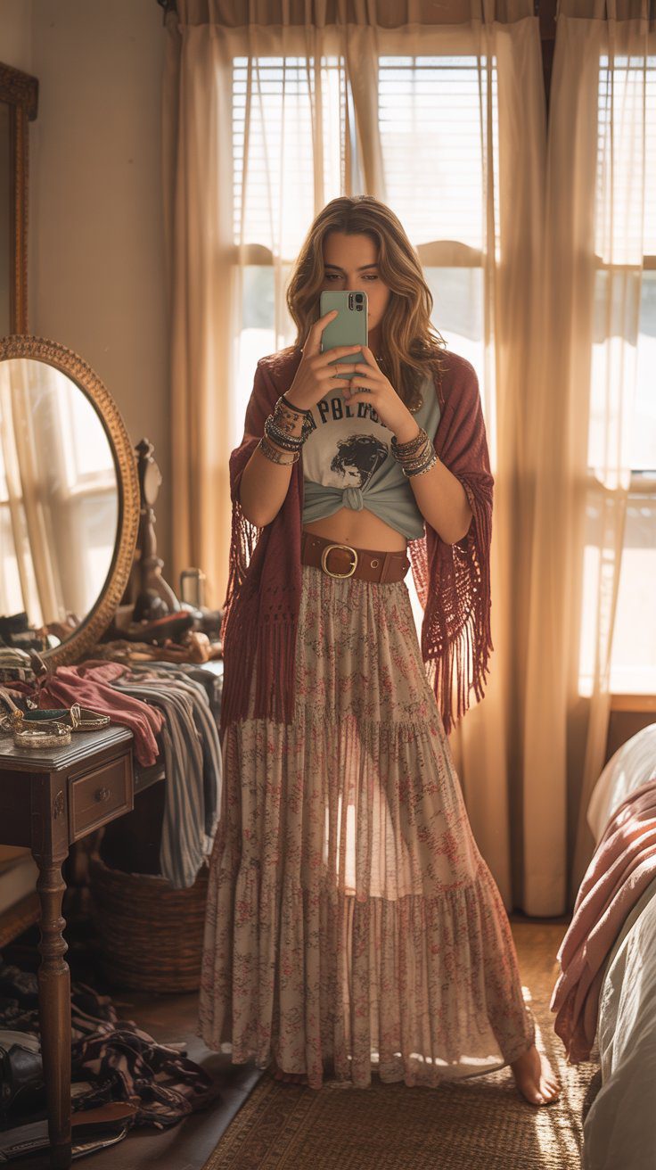 Boho Outfit Inspiration: Fringed Shawl, Graphic Tee & Floral Skirt Mirror Selfie in Sunlit Bedroom – Bohemian Style Ideas.