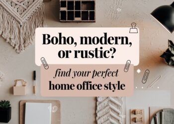 A styled flat lay image showcasing a cozy home office theme with a rustic or bohemian aesthetic. Includes a knitted throw, stationery, potted plant, and lamp. Text reads: Boho or rustic? Discover your perfect home office style.