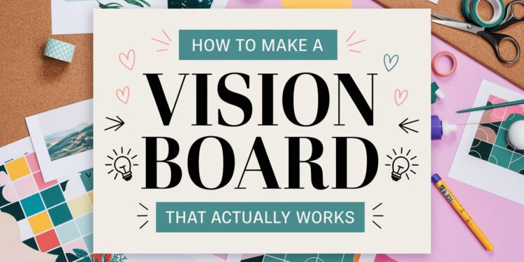 A table brimming with craft supplies, photos, scissors, and paper surrounds a central text card that reads How to Make a Vision Board That Actually Works, adorned with decorative lightbulb icons. Ready to embark on crafting a vision board that truly transforms dreams into reality?.