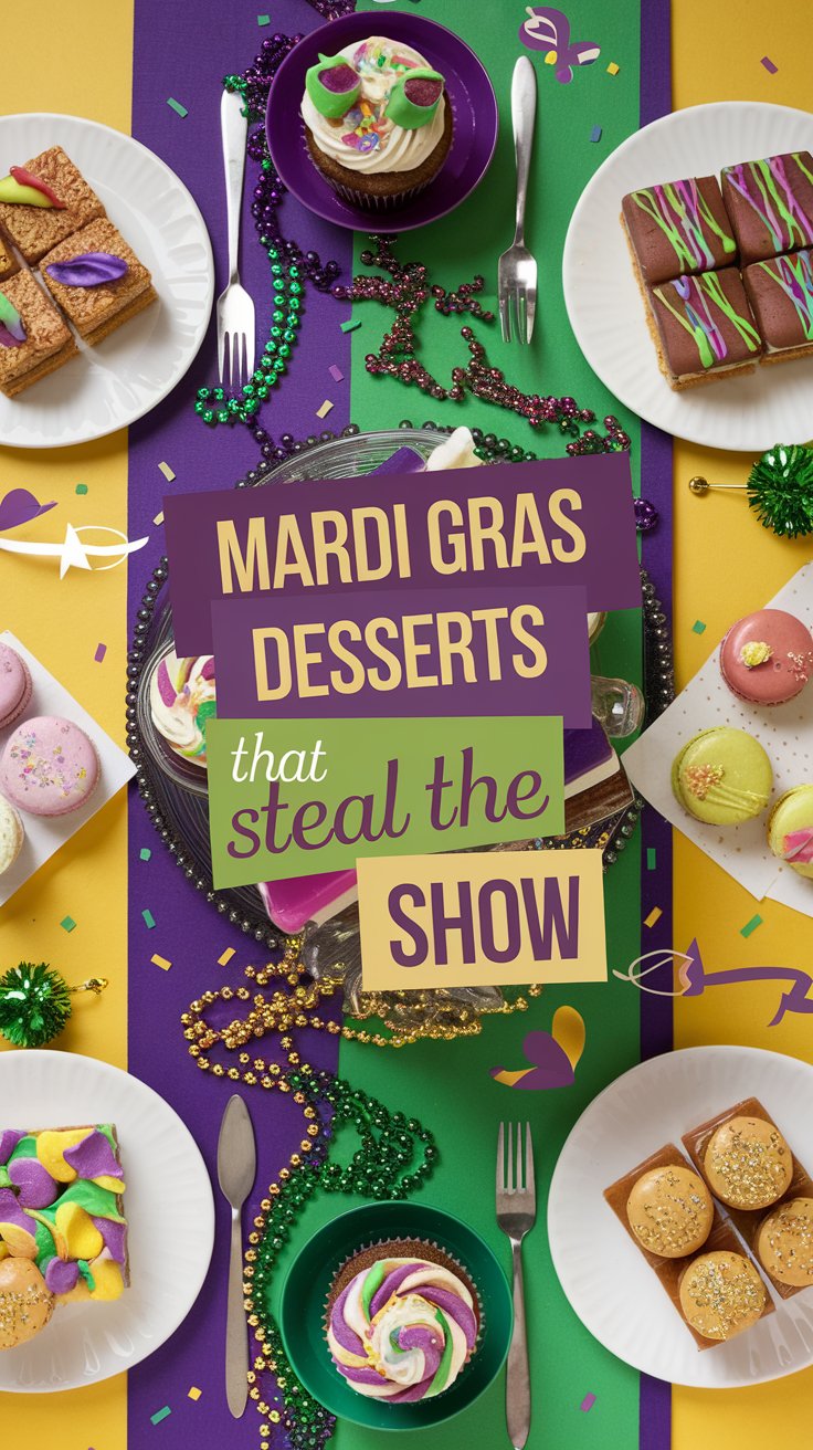 A festive display of Mardi Gras desserts on purple and yellow background includes cupcakes, macarons, a king cake slice, and cream puffs. Colorful beads and confetti add to the celebration. A text overlay reads Mardi Gras Desserts that Steal the Show.