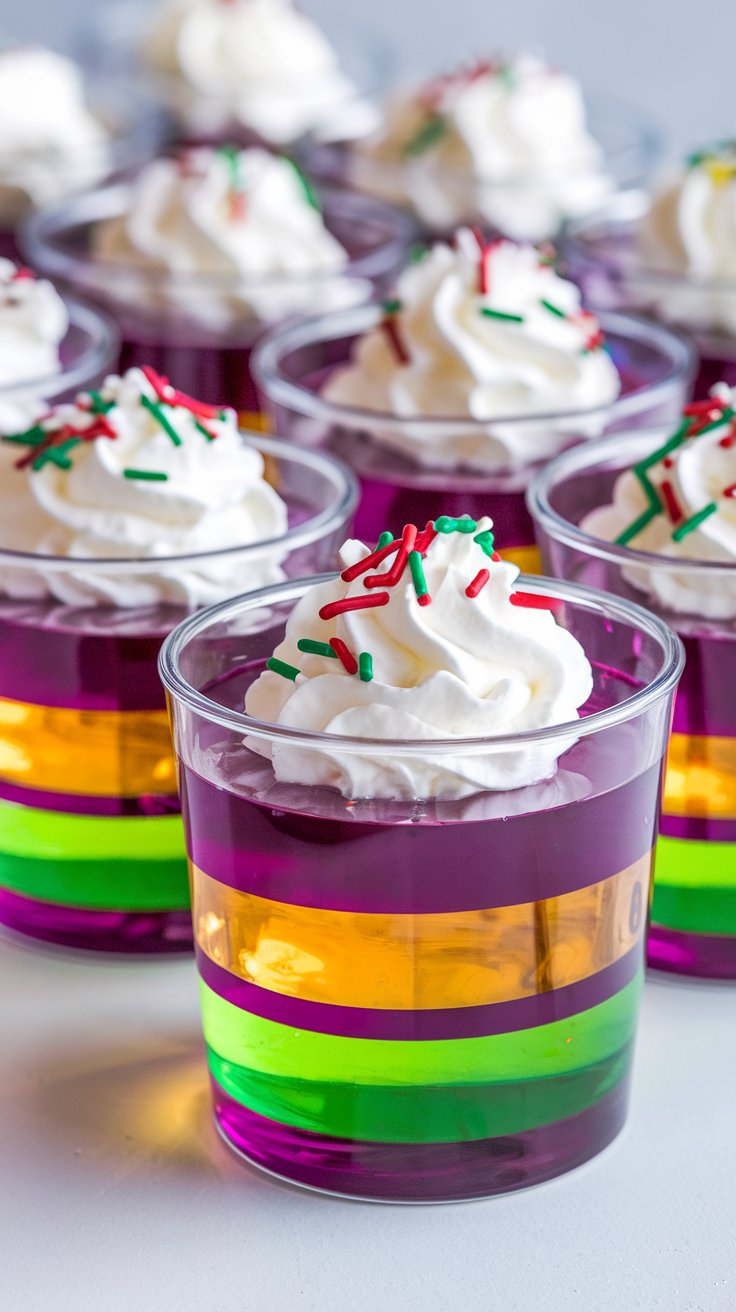 A row of colorful layered jello cups with green, yellow, and purple layers. Each cup is topped with whipped cream and festive red and green sprinkles. The cups are arranged on a light surface.