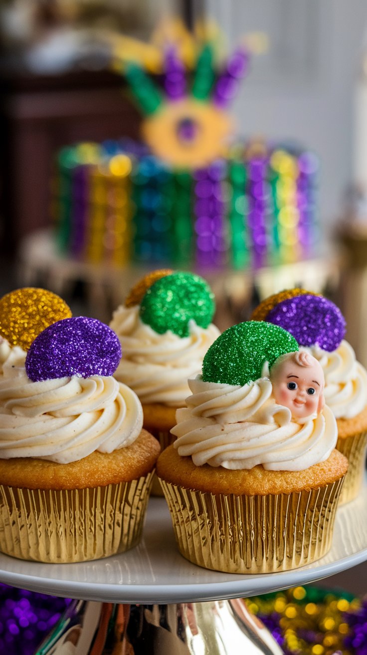 Cupcakes with white frosting topped with purple, green, and gold glitter decorations and tiny baby figurines, displayed on a stand. A blurred background shows a colorful cake with bead decorations.